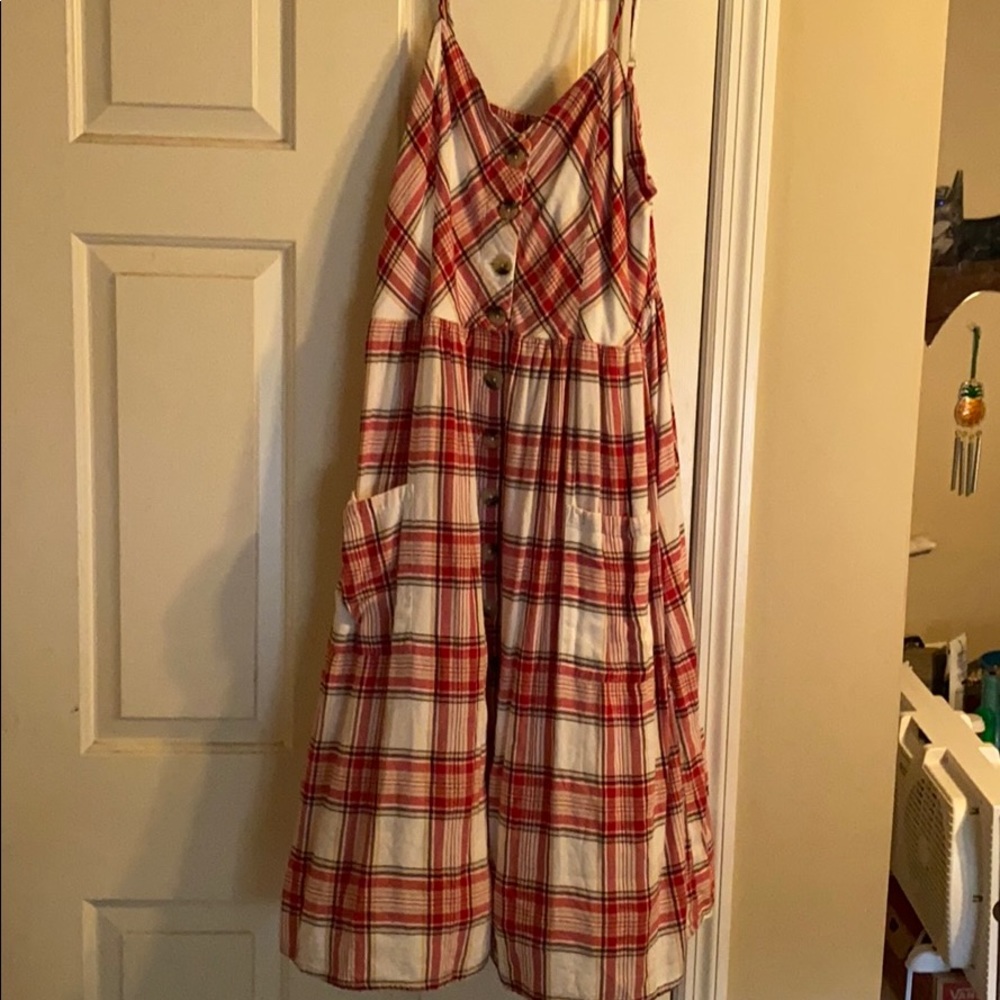 Plaid spaghetti strap button dress